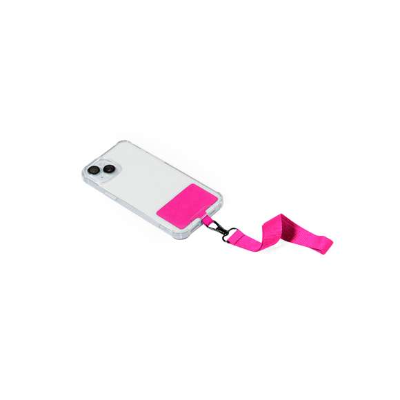 Original pulsera soporte en suave poliéster, adaptable para todo tipo de muñecas y con accesorio de transporte para situar entre la funda y el smartphone. Cinta de transporte a juego y mosquetón metálico giratorio en color negro. Disponible en variada gama de colores.