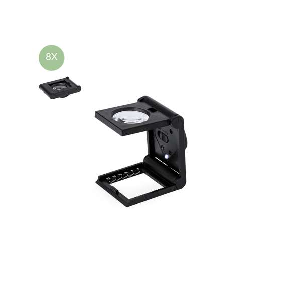 Lupa plegable de 8 aumentos fabricada en resistente PP, con luz LED integrada y regla de medición, Alimentada con pila de botón (incluida) y presentada en caja individual negra de cartón negro.