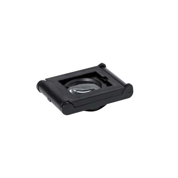 Lupa plegable de 8 aumentos fabricada en resistente PP, con luz LED integrada y regla de medición, Alimentada con pila de botón (incluida) y presentada en caja individual negra de cartón negro.