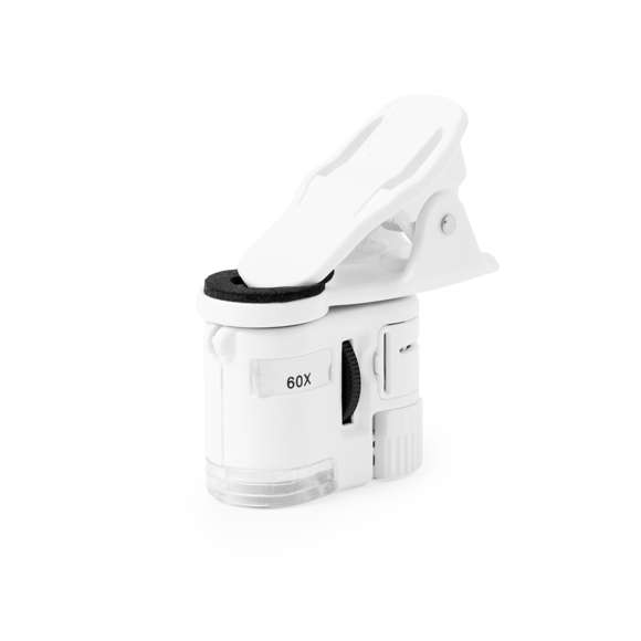 Microscopio de bolsillo ajustable, aumento de hasta 60x. Incluye un práctico clip para adaptarlo a la cámara del smartphone y hacer fotos o vídeos. Con 2 tipos de luz (LED y ultravioleta) y ajustable mediante el dial lateral. Fabricado en resistente material ABS y alimentado por una pila de botón (incluida). Se suministra con una bolsa de transporte y un manual de instrucciones en inglés y español. Presentado en caja individual.