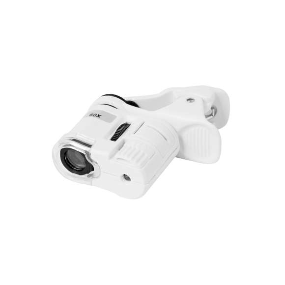 Microscopio de bolsillo ajustable, aumento de hasta 60x. Incluye un práctico clip para adaptarlo a la cámara del smartphone y hacer fotos o vídeos. Con 2 tipos de luz (LED y ultravioleta) y ajustable mediante el dial lateral. Fabricado en resistente material ABS y alimentado por una pila de botón (incluida). Se suministra con una bolsa de transporte y un manual de instrucciones en inglés y español. Presentado en caja individual.