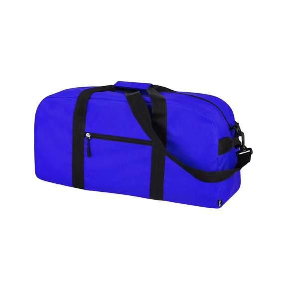 Bolso fabricado en resistente poliéster RPET 600D. Compartimento principal con cierre de cremallera de doble tirador y bolsillo exterior con cierre de cremallera con tirador. Con sas reforzadas alrededor del cuerpo en color negro y empuñadura acolchada a color. Incluye asa de transporte en lateral y cinta bandolera ajustable de doble anclaje de mosquetón. El material RPET se elabora a partir de plástico reciclado, para así fomentar la reutilización de residuos plásticos y ayudar a la sostenibilidad del planeta.