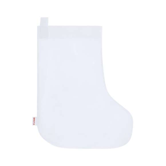 Calcetín de non-woven RPET en color blanco, especialmente diseñado para colorear con ceras. Diseño frontal de divertidos dibujos navideños, incluyendo 5 ceras en variados colores. Con cinta para colgar y de acabado termosellado. Incluye distintivo RPET en etiqueta.El material RPET se elabora a partir de plástico reciclado, para así fomentar la reutilización de residuos plásticos y ayudar a la sostenibilidad del planeta.