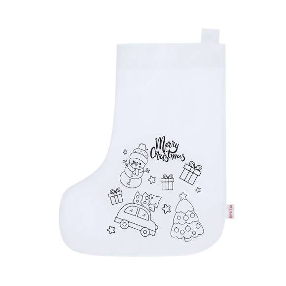 Calcetín de non-woven RPET en color blanco, especialmente diseñado para colorear con ceras. Diseño frontal de divertidos dibujos navideños, incluyendo 5 ceras en variados colores. Con cinta para colgar y de acabado termosellado. Incluye distintivo RPET en etiqueta.El material RPET se elabora a partir de plástico reciclado, para así fomentar la reutilización de residuos plásticos y ayudar a la sostenibilidad del planeta.