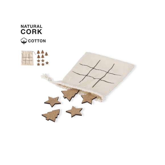 Juego de tres en raya fabricado en corcho natural. Incluye 5 fichas con forma de árbol y 5 fichas con forma de estrella. Presentado en bolsa de algodón con cierre de cordón, facilitando su almacenamiento y convirtiéndose en tablero de juego.Elaborado con elementos vegetales para así fomentar la utilización de materias primas naturales y reducir las emisiones contaminantes.