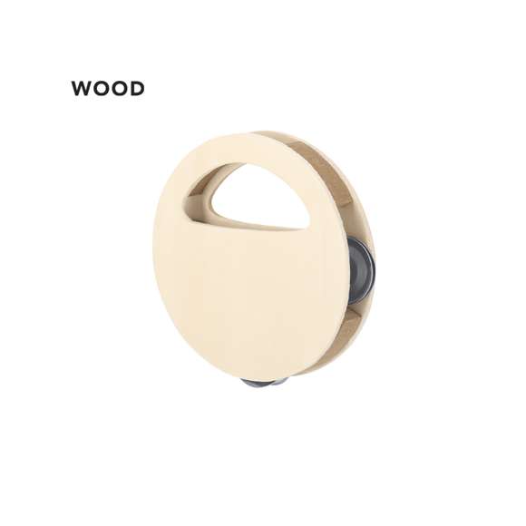 Pandereta de madera. De forma circular con práctica asa para un fácil agarre y 3 platillos dobles metálicos. Con amplia superficie de impresión. Elaborado con elementos vegetales para así fomentar la utilización de materias primas naturales y reducir las emisiones contaminantes.