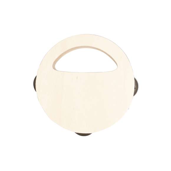 Pandereta de madera. De forma circular con práctica asa para un fácil agarre y 3 platillos dobles metálicos. Con amplia superficie de impresión. Elaborado con elementos vegetales para así fomentar la utilización de materias primas naturales y reducir las emisiones contaminantes.