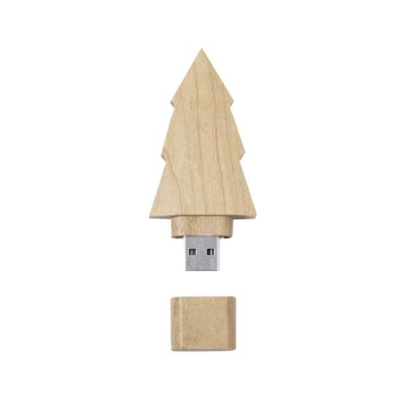 Memoria USB de 16GB de capacidad fabricada en suave madera. Distintivo diseño de pino con cierre de capucha.Elaborado con elementos vegetales para fomentar así la utilización de materias primas naturales y reducir las emisiones contaminantes.