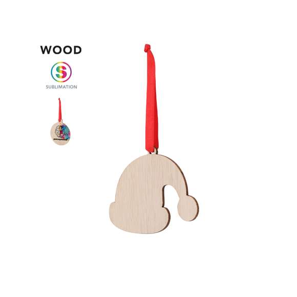 Adorno navideño fabricado en suave madera natural. Disponible en varios diseños: Gorro de Papá Noel, Árbol de Navidad y Bola de Navidad. Incluye lazo colgador en color rojo. Especialmente diseñado para marcaje en sublimación.Elaborado con elementos vegetales para fomentar así la utilización de materias primas naturales y reducir las emisiones contaminantes.