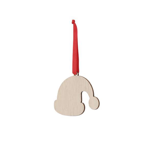 Adorno navideño fabricado en suave madera natural. Disponible en varios diseños: Gorro de Papá Noel, Árbol de Navidad y Bola de Navidad. Incluye lazo colgador en color rojo. Especialmente diseñado para marcaje en sublimación.Elaborado con elementos vegetales para fomentar así la utilización de materias primas naturales y reducir las emisiones contaminantes.
