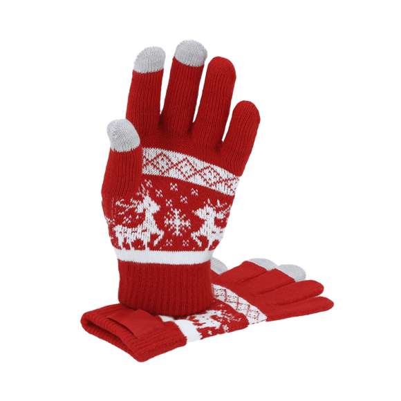 Cálidos guantes con motivos navideños. Función táctil en dedos corazón, índice y pulgar, fabricados en suave acrílico. Con etiqueta especial para el marcaje. Un original regalo para lucir con estilo en navidad.