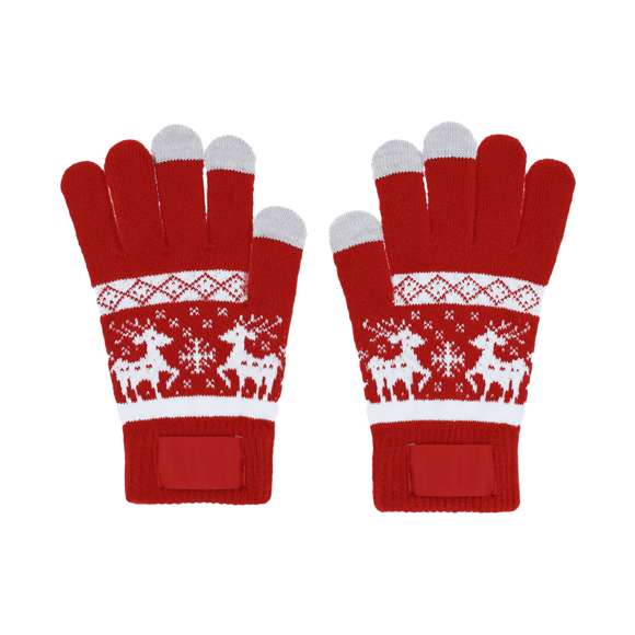 Cálidos guantes con motivos navideños. Función táctil en dedos corazón, índice y pulgar, fabricados en suave acrílico. Con etiqueta especial para el marcaje. Un original regalo para lucir con estilo en navidad.