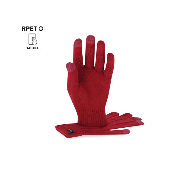 Guantes fabricados en cálido y suave tejido poliéster RPET. Con función táctil en dedos corazón, índice y pulgar a color. Talla única adulto. Con distintitivo RPET en etiqueta exterior. El material RPET se elabora a partir de plástico reciclado, para así fomentar la reutilización de residuos plásticos y ayudar a la sostenibilidad del planeta.