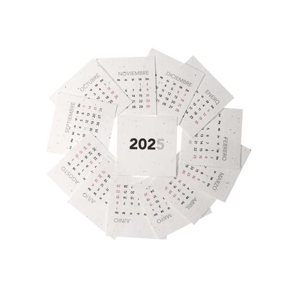 Calendario plantable fabricado en papel de semilla. Incluye 13 hojas con semillas de petunia de colores surtidos, convirtiéndolo en papel plantable después de su vida útil. Diseño de mes en curso, con festividades nacionales marcadas en rojo y autonómicas en verde. Presentado en caja soporte de cartón.
