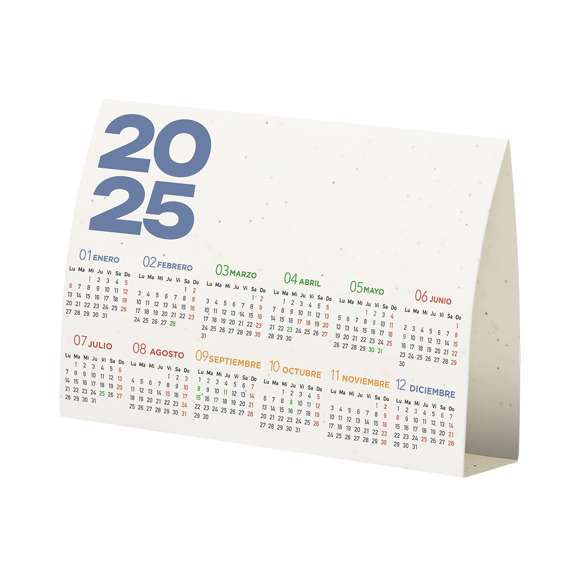 Calendario plantable fabricado en papel de semilla. Incluye semillas de petunia de colores surtidos convirtiéndolo en papel plantable después de su vida útil. De diseño año vista, con festividades nacionales marcadas en rojo y autonómicas en verde.
