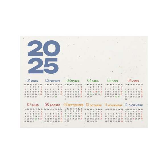Calendario plantable fabricado en papel de semilla. Incluye semillas de petunia de colores surtidos convirtiéndolo en papel plantable después de su vida útil. De diseño año vista, con festividades nacionales marcadas en rojo y autonómicas en verde.