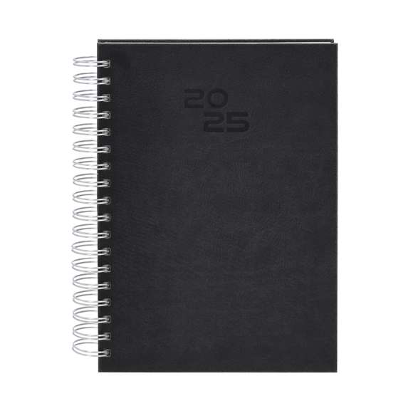 Agenda de anillas tamaño B5, acabada en resistente y suave PU. Con cubiertas rígidas. Incluye caja kraft de presentación.Diseño página día y páginas con esquina troquelada para marcar el día. En 2 idiomas: castellano e inglés.