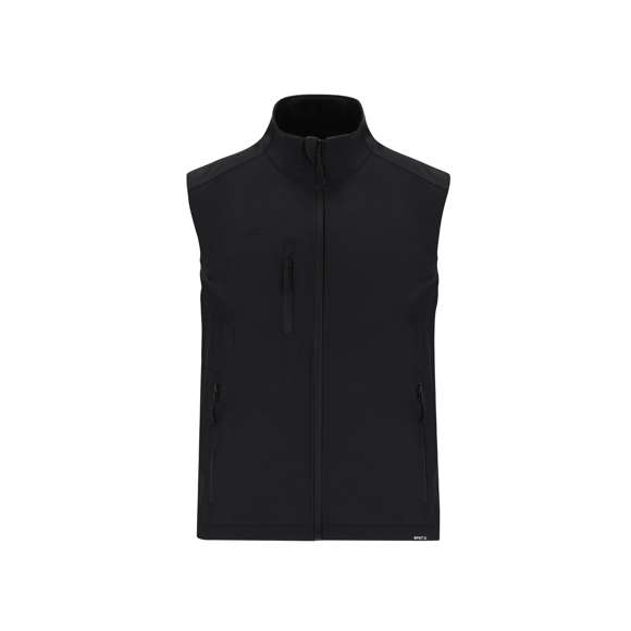 Chaleco Soft Shell RPET confeccionado en 3 capas, de 340 g/m2. Con membrana de 8000mm, impermeable y transpirable. Exterior en Soft Shell e interior en tejido polar microfleece en color negro. Con bolsillo exterior en pecho derecho y dos bolsillos laterales con cremalleras. Con cremallera central y cremalleras invertidas en bolsillos, incluyendo tiradores de cordón en color negro. Cuenta con protector de barbilla a juego y cintura ajustable, con cordón elástico y tope. Distintivo RPET en el ribete de la prenda.
