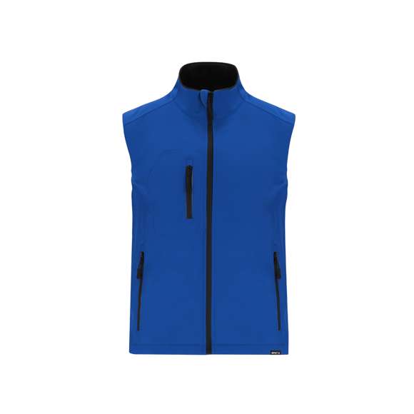 Chaleco Soft Shell RPET confeccionado en 3 capas, de 340 g/m2. Con membrana de 8000mm, impermeable y transpirable. Exterior en Soft Shell e interior en tejido polar microfleece en color negro. Con bolsillo exterior en pecho derecho y dos bolsillos laterales con cremalleras. Con cremallera central y cremalleras invertidas en bolsillos, incluyendo tiradores de cordón en color negro. Cuenta con protector de barbilla a juego y cintura ajustable, con cordón elástico y tope. Distintivo RPET en el ribete de la prenda.