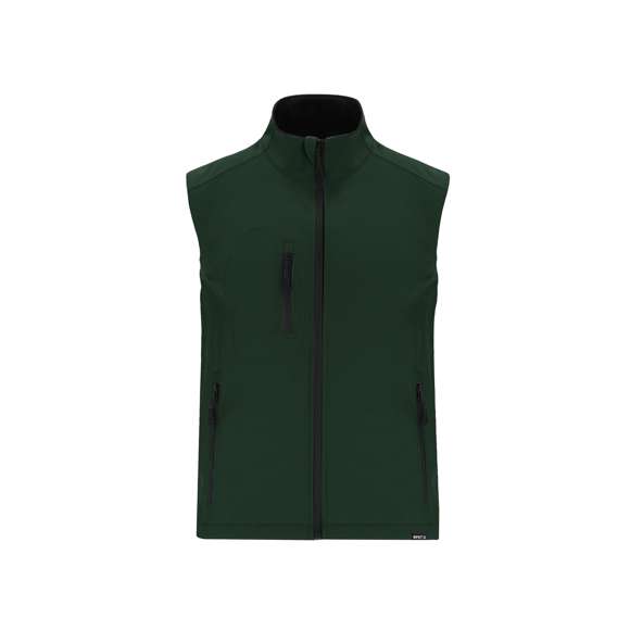Chaleco Soft Shell RPET confeccionado en 3 capas, de 340 g/m2. Con membrana de 8000mm, impermeable y transpirable. Exterior en Soft Shell e interior en tejido polar microfleece en color negro. Con bolsillo exterior en pecho derecho y dos bolsillos laterales con cremalleras. Con cremallera central y cremalleras invertidas en bolsillos, incluyendo tiradores de cordón en color negro. Cuenta con protector de barbilla a juego y cintura ajustable, con cordón elástico y tope. Distintivo RPET en el ribete de la prenda.