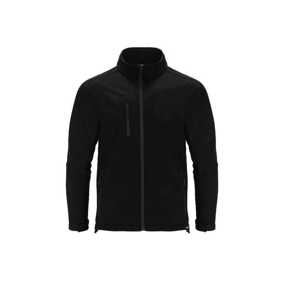 Chaqueta Soft Shell RPET confeccionada en 3 capas, de 340 g/m2. Con membrana de 8000mm, impermeable y transpirable. Exterior en Soft Shell e interior en tejido polar microfleece en color negro. Con bolsillo exterior en pecho derecho y dos bolsillos laterales con cremalleras. Con cremallera central y cremalleras invertidas en bolsillos, incluyendo tiradores de cordón en color negro. Mangas ranglán con sistema de ajuste de velcro en el puño en color negro. Cuenta con protector de barbilla a juego y cintura ajustable, con cordón elástico y tope. Distintivo RPET en el ribete de la prenda.