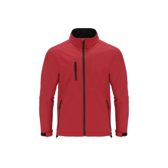 Chaqueta Soft Shell RPET confeccionada en 3 capas, de 340 g/m2. Con membrana de 8000mm, impermeable y transpirable. Exterior en Soft Shell e interior en tejido polar microfleece en color negro. Con bolsillo exterior en pecho derecho y dos bolsillos laterales con cremalleras. Con cremallera central y cremalleras invertidas en bolsillos, incluyendo tiradores de cordón en color negro. Mangas ranglán con sistema de ajuste de velcro en el puño en color negro. Cuenta con protector de barbilla a juego y cintura ajustable, con cordón elástico y tope. Distintivo RPET en el ribete de la prenda.