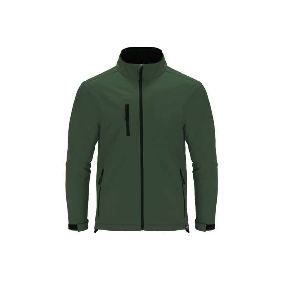 Chaqueta Soft Shell RPET confeccionada en 3 capas, de 340 g/m2. Con membrana de 8000mm, impermeable y transpirable. Exterior en Soft Shell e interior en tejido polar microfleece en color negro. Con bolsillo exterior en pecho derecho y dos bolsillos laterales con cremalleras. Con cremallera central y cremalleras invertidas en bolsillos, incluyendo tiradores de cordón en color negro. Mangas ranglán con sistema de ajuste de velcro en el puño en color negro. Cuenta con protector de barbilla a juego y cintura ajustable, con cordón elástico y tope. Distintivo RPET en el ribete de la prenda.