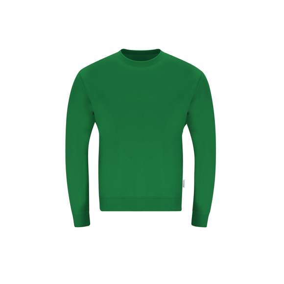Sudadera Unisex de Algodón Orgánico y Poliéster Reciclado, en suave felpa perchada de 280 g/m2. Con cuello, puños y cintura de punto canalé de elastano. Cubrecosturas en el interior del cuello, con etiqueta distintiva eco.