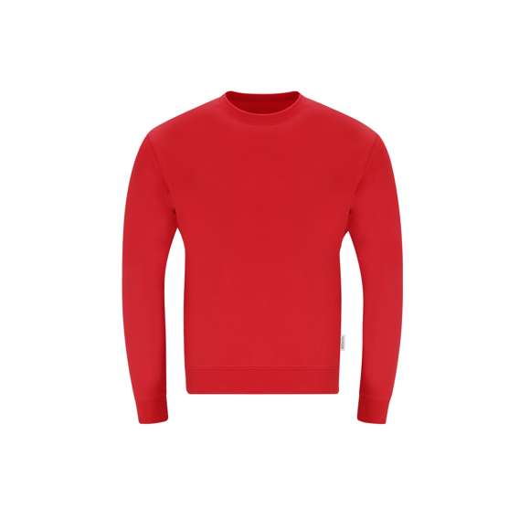 Sudadera Unisex de Algodón Orgánico y Poliéster Reciclado, en suave felpa perchada de 280 g/m2. Con cuello, puños y cintura de punto canalé de elastano. Cubrecosturas en el interior del cuello, con etiqueta distintiva eco.