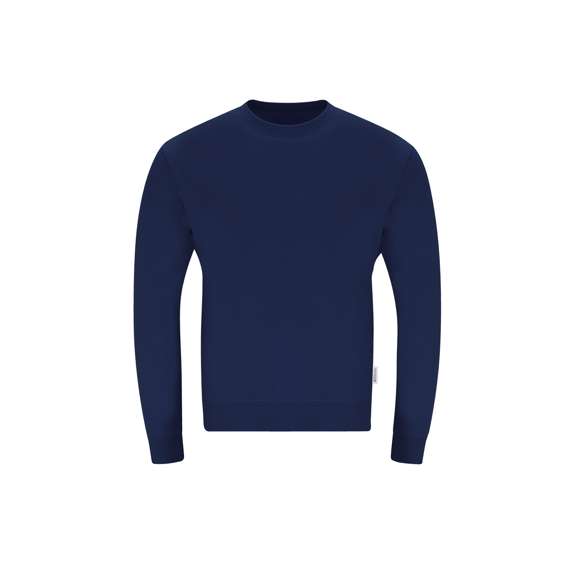 Sudadera Unisex de Algodón Orgánico y Poliéster Reciclado, en suave felpa perchada de 280 g/m2. Con cuello, puños y cintura de punto canalé de elastano. Cubrecosturas en el interior del cuello, con etiqueta distintiva eco.