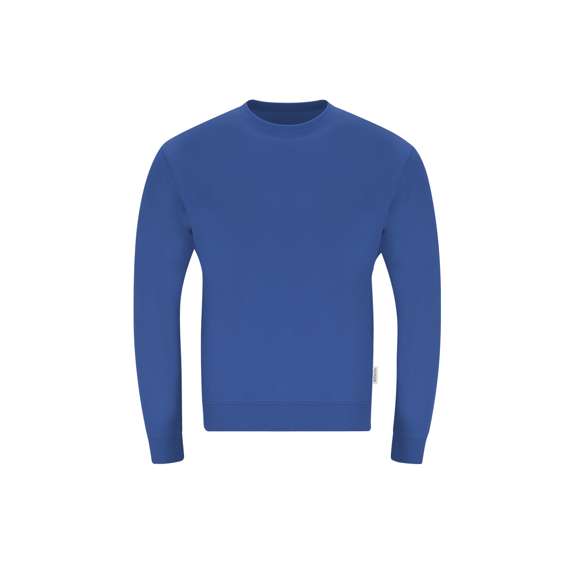 Sudadera Unisex de Algodón Orgánico y Poliéster Reciclado, en suave felpa perchada de 280 g/m2. Con cuello, puños y cintura de punto canalé de elastano. Cubrecosturas en el interior del cuello, con etiqueta distintiva eco.