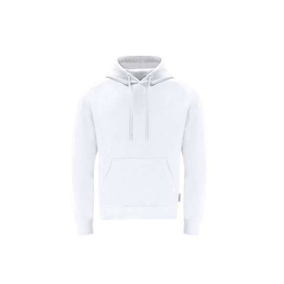 Sudadera con capucha Unisex de Algodón Orgánico y Poliéster Reciclado, en suave felpa perchada de 280 g/m2. Con capucha forrada de doble capa, cordones redondos ajustables -con topes a juego- y ojales metálicos. Puños y cintura de punto canalé de elastano y bolsillo frontal tipo canguro. Cubrecosturas reforzado en cuello, con etiqueta distintiva eco.