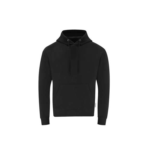 Sudadera con capucha Unisex de Algodón Orgánico y Poliéster Reciclado, en suave felpa perchada de 280 g/m2. Con capucha forrada de doble capa, cordones redondos ajustables -con topes a juego- y ojales metálicos. Puños y cintura de punto canalé de elastano y bolsillo frontal tipo canguro. Cubrecosturas reforzado en cuello, con etiqueta distintiva eco.