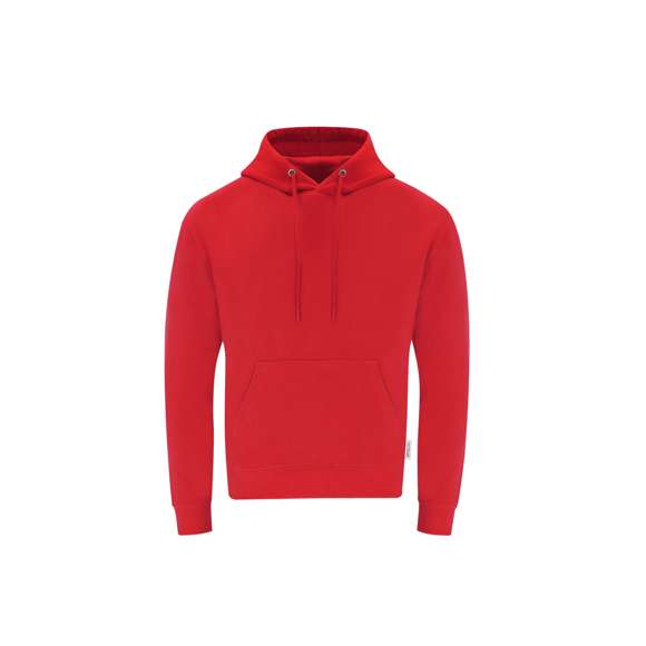 Sudadera con capucha Unisex de Algodón Orgánico y Poliéster Reciclado, en suave felpa perchada de 280 g/m2. Con capucha forrada de doble capa, cordones redondos ajustables -con topes a juego- y ojales metálicos. Puños y cintura de punto canalé de elastano y bolsillo frontal tipo canguro. Cubrecosturas reforzado en cuello, con etiqueta distintiva eco.