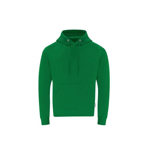 Sudadera con capucha Unisex de Algodón Orgánico y Poliéster Reciclado, en suave felpa perchada de 280 g/m2. Con capucha forrada de doble capa, cordones redondos ajustables -con topes a juego- y ojales metálicos. Puños y cintura de punto canalé de elastano y bolsillo frontal tipo canguro. Cubrecosturas reforzado en cuello, con etiqueta distintiva eco.