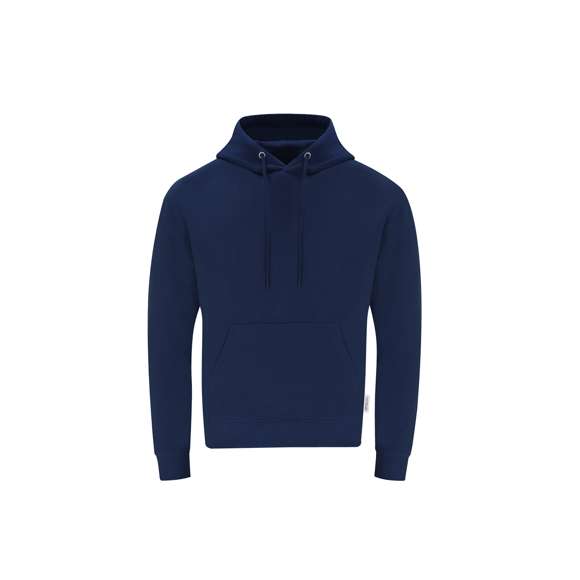 Sudadera con capucha Unisex de Algodón Orgánico y Poliéster Reciclado, en suave felpa perchada de 280 g/m2. Con capucha forrada de doble capa, cordones redondos ajustables -con topes a juego- y ojales metálicos. Puños y cintura de punto canalé de elastano y bolsillo frontal tipo canguro. Cubrecosturas reforzado en cuello, con etiqueta distintiva eco.