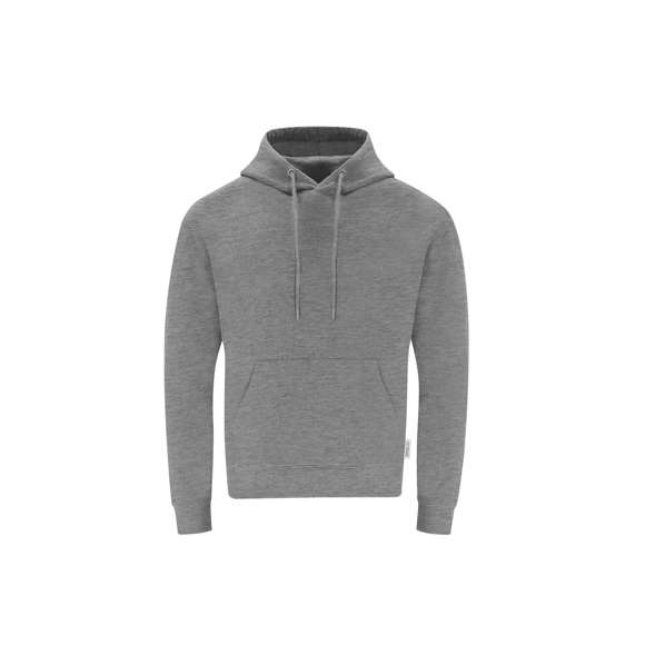 Sudadera con capucha Unisex de Algodón Orgánico y Poliéster Reciclado, en suave felpa perchada de 280 g/m2. Con capucha forrada de doble capa, cordones redondos ajustables -con topes a juego- y ojales metálicos. Puños y cintura de punto canalé de elastano y bolsillo frontal tipo canguro. Cubrecosturas reforzado en cuello, con etiqueta distintiva eco.