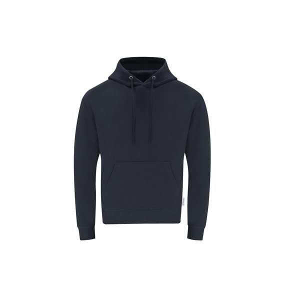 Sudadera con capucha Unisex de Algodón Orgánico y Poliéster Reciclado, en suave felpa perchada de 280 g/m2. Con capucha forrada de doble capa, cordones redondos ajustables -con topes a juego- y ojales metálicos. Puños y cintura de punto canalé de elastano y bolsillo frontal tipo canguro. Cubrecosturas reforzado en cuello, con etiqueta distintiva eco.