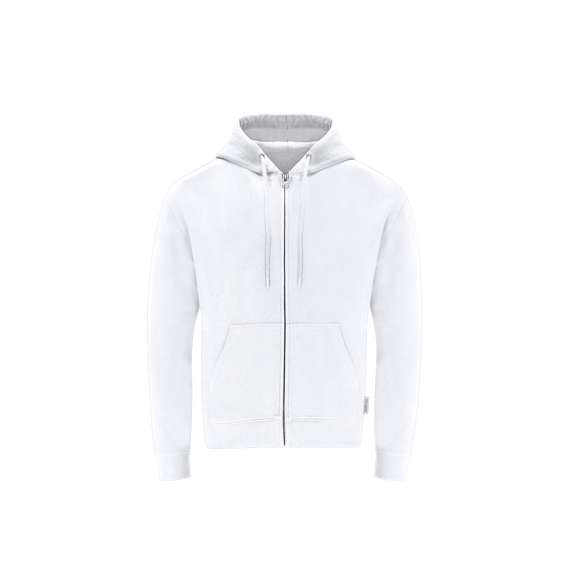 Sudadera Unisex con capucha y cremallera de Algodón Orgánico y Poliéster Reciclado, en suave felpa perchada de 280 g/m2. Con capucha forrada de doble capa, cordones redondos ajustables -con topes a juego- y ojales metálicos. Puños y cintura de punto canalé de elastano y bolsillo frontal tipo canguro. Apertura de cremallera oculta metálica, con cubrecosturas reforzado en cuello. Incluye etiqueta distintiva eco.
