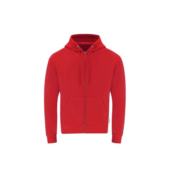 Sudadera Unisex con capucha y cremallera de Algodón Orgánico y Poliéster Reciclado, en suave felpa perchada de 280 g/m2. Con capucha forrada de doble capa, cordones redondos ajustables -con topes a juego- y ojales metálicos. Puños y cintura de punto canalé de elastano y bolsillo frontal tipo canguro. Apertura de cremallera oculta metálica, con cubrecosturas reforzado en cuello. Incluye etiqueta distintiva eco.