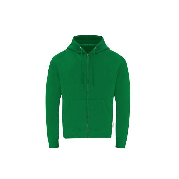Sudadera Unisex con capucha y cremallera de Algodón Orgánico y Poliéster Reciclado, en suave felpa perchada de 280 g/m2. Con capucha forrada de doble capa, cordones redondos ajustables -con topes a juego- y ojales metálicos. Puños y cintura de punto canalé de elastano y bolsillo frontal tipo canguro. Apertura de cremallera oculta metálica, con cubrecosturas reforzado en cuello. Incluye etiqueta distintiva eco.