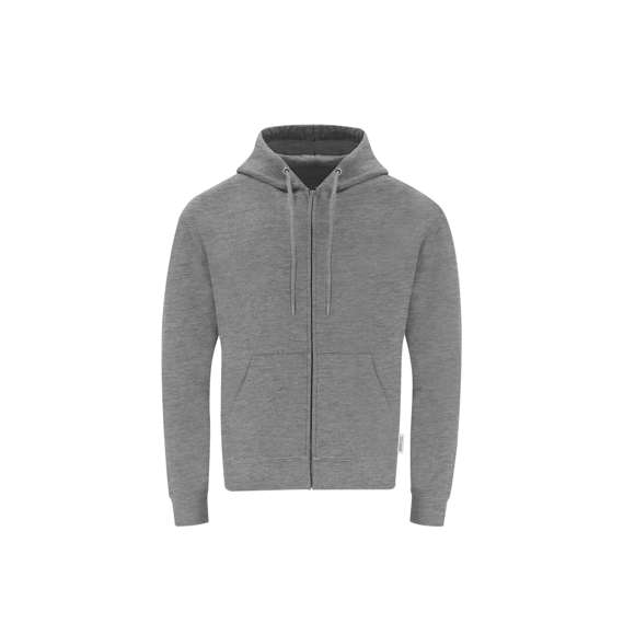 Sudadera Unisex con capucha y cremallera de Algodón Orgánico y Poliéster Reciclado, en suave felpa perchada de 280 g/m2. Con capucha forrada de doble capa, cordones redondos ajustables -con topes a juego- y ojales metálicos. Puños y cintura de punto canalé de elastano y bolsillo frontal tipo canguro. Apertura de cremallera oculta metálica, con cubrecosturas reforzado en cuello. Incluye etiqueta distintiva eco.