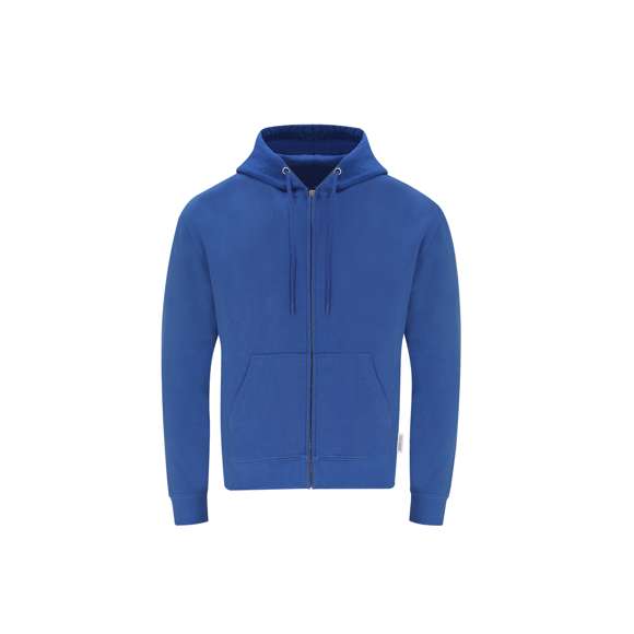 Sudadera Unisex con capucha y cremallera de Algodón Orgánico y Poliéster Reciclado, en suave felpa perchada de 280 g/m2. Con capucha forrada de doble capa, cordones redondos ajustables -con topes a juego- y ojales metálicos. Puños y cintura de punto canalé de elastano y bolsillo frontal tipo canguro. Apertura de cremallera oculta metálica, con cubrecosturas reforzado en cuello. Incluye etiqueta distintiva eco.