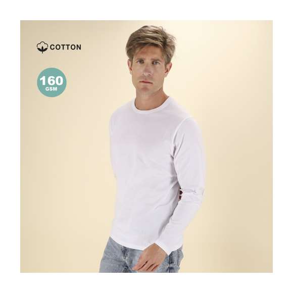 Camiseta de manga larga para adulto en color blanco de suave y agradable tacto en 100% algodón, punto liso de 160 g/m2. Confeccionada en tejido tubular, con cuello redondo acanalado 1x1 y con cubrecosturas reforzado a juego en color blanco.