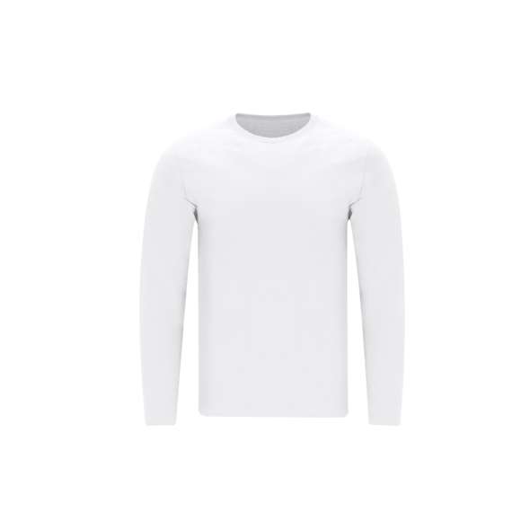 Camiseta de manga larga para adulto en color blanco de suave y agradable tacto en 100% algodón, punto liso de 160 g/m2. Confeccionada en tejido tubular, con cuello redondo acanalado 1x1 y con cubrecosturas reforzado a juego en color blanco.