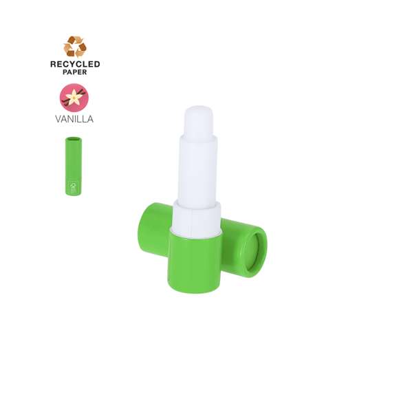 Bálsamo labial fabricado en cartón reciclado con certificado FSC. Aroma vainilla. Protección SPF15. Dermatológicamente testado. Distintivo FSC sobre el envase.