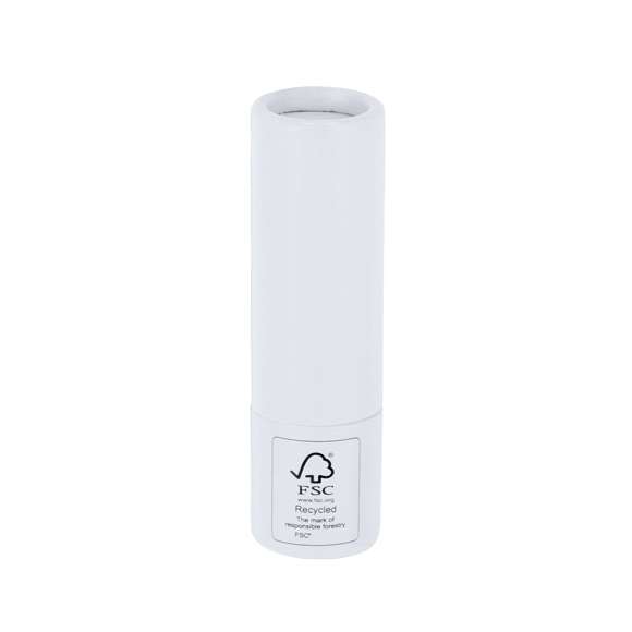 Bálsamo labial fabricado en cartón reciclado con certificado FSC. Aroma vainilla. Protección SPF15. Dermatológicamente testado. Distintivo FSC sobre el envase.