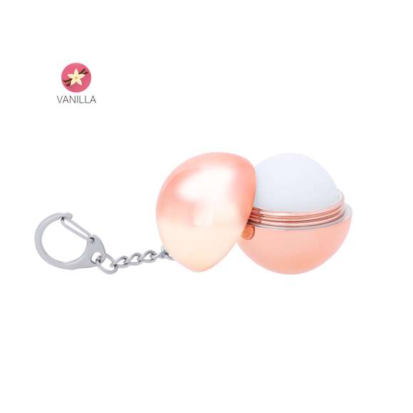 Bálsamo labial llavero en forma de esfera y en elegantes colores dorado, plateado y oro rosa. Con práctico llavero mosquetón. Aroma vainilla, protección SPF15. Dermatológicamente testado.