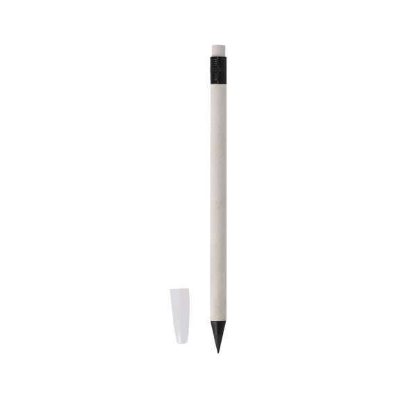 Lápiz eterno fabricado con cartones de leche reciclados. Reutilizable y con escritura infinita. Incluye goma de borrar en la parte superior del lápiz y capucha de protección. De color blanco, con detalles en negro. Con distintivo de cartón de leche reciclado en el cuerpo.Los cartones de leche se componen en su mayor parte de cartón y aluminio. Durante su proceso de reciclado, se separan los distintos materiales del envase para su reutilización y nuevo uso, contribuyendo así a recorrer el camino infinito de la economía circular. Este material se caracteriza por su alto grado de reciclabilidad, así como por su ligereza y resistencia.