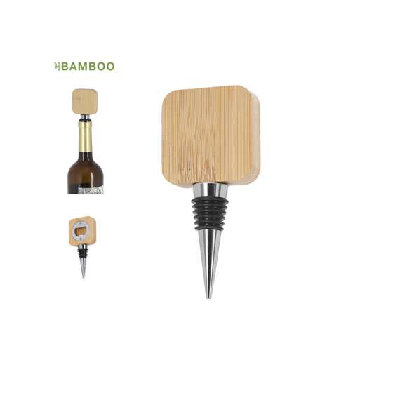 Práctico tapón para botellas con abridor integrado. Fabricado en bambú y acero inox. Incluye aros de silicona en el tapón para un ajuste perfecto al cuello de la botella.Materiales como el bambú fomentan la utilización de materias primas naturales reduciendo las emisiones contaminantes. Además, el bambú proviene de una planta de gran resistencia y versatilidad, con crecimiento y regeneración rápida, siendo una excelente alternativa al uso de madera tradicional.